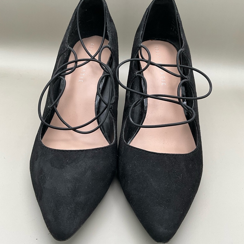 Kelly & Katie Black Lace-Up Suede Pointed-Toe Heels